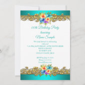 エイジバースデーパーティーティール(緑がかった色)ブルー金ゴールドホワイトフローラ 招待状 (裏面)