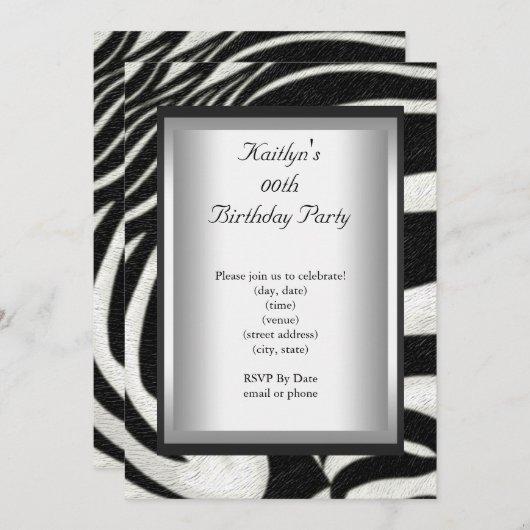 エイジパーティー誕生日白黒ゼブラ動物 招待状 (正面/裏面)
