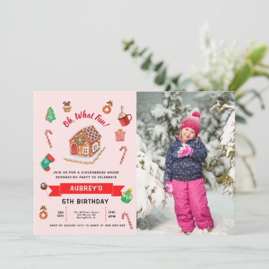 エイジピンクジンジャーブレッドハウスクリスマス誕生日 招待状 (スタンド正面)