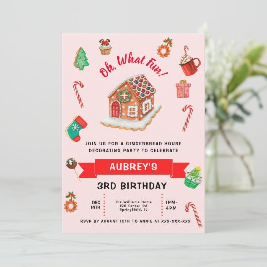 エイジピンクジンジャーブレッドハウスクリスマス誕生日 招待状 (スタンド正面)