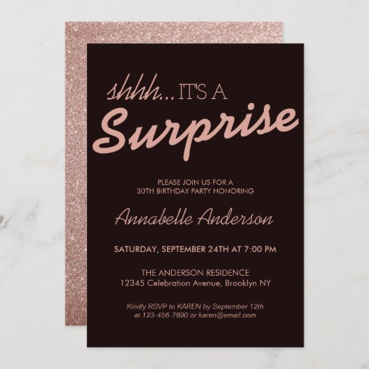 エイジピンクローズ金ゴールドグリッターサプライズ誕生日 招待状 (正面/裏面)