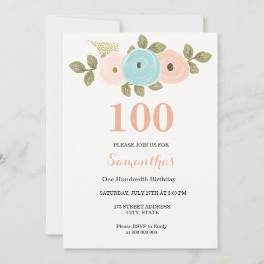 エイジフローラかわいらしピーチ100誕生日招待状 招待状 (正面)