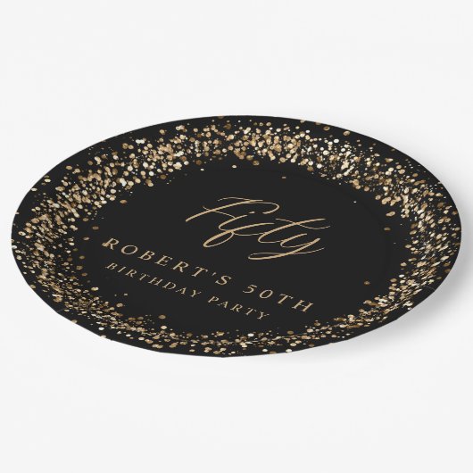 エイジブラック金ゴールドグリッター誕生日パーティー ペーパープレート (アングル)