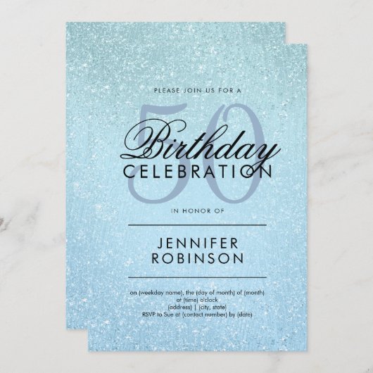 エイジモダン誕生日ブルーグリッタールッ絵を描ク 招待状 (正面/裏面)