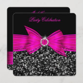 エイジラグジュアリーグリッターホットピンクボウブラックパーティー 招待状 (正面/裏面)
