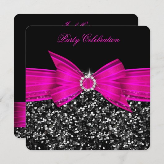 エイジラグジュアリーグリッターホットピンクボウブラックパーティー 招待状 (正面/裏面)