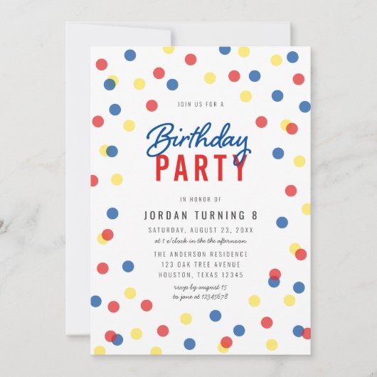 エイジレッドブルーイエロー紙吹雪誕生日パーティー 招待状 (正面)