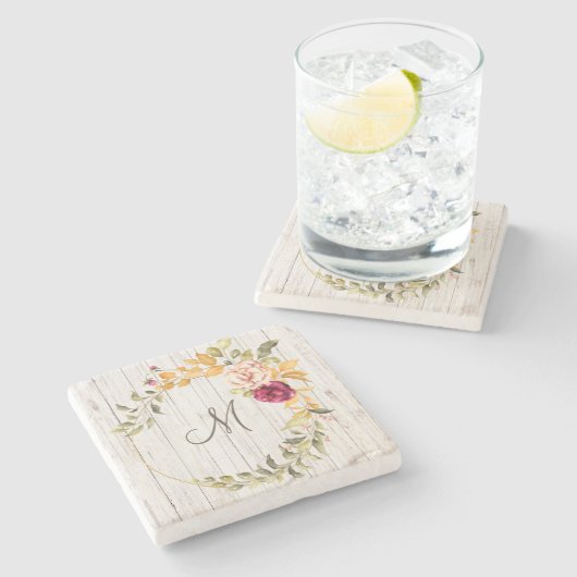 エイジングウッドモノグラムとバラ開花リース ストーンコースター (横)