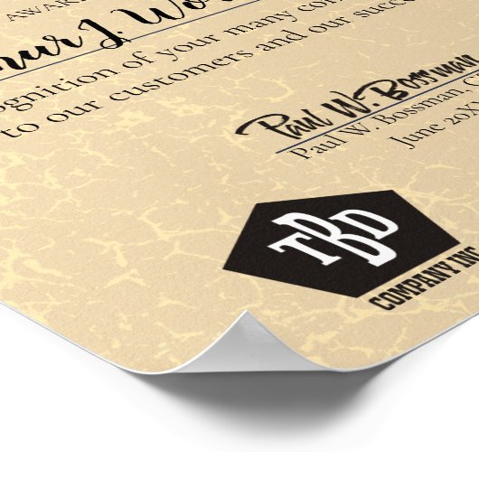 エイジングストーン金ゴールド従業員の記念日の証明書 ポスター (角)