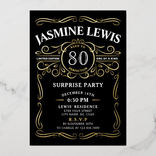 エイジヴィンテージウイスキーをテーマにしたサプライズ誕生日 箔招待状 (正面)