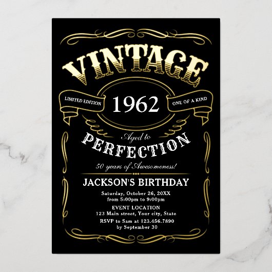 エイジヴィンテージウイスキーをテーマにした誕生日 箔招待状 (正面)