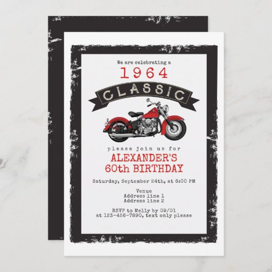 エイジヴィンテージクラシックバイクバイクもしくは自転車に乗る人誕生日 招待状 (正面/裏面)