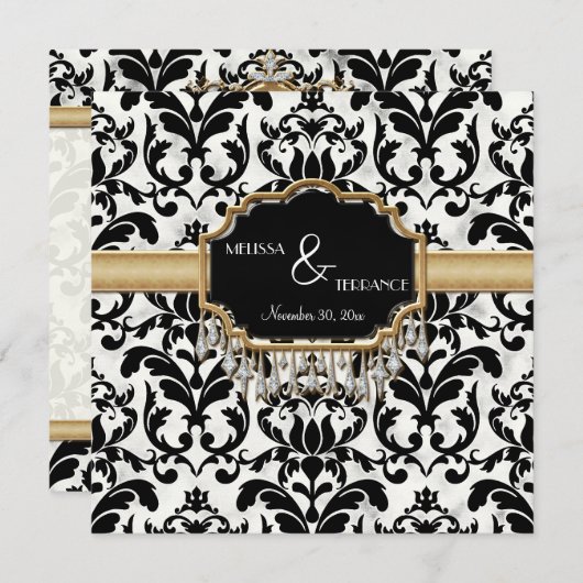 エイジ動揺してドダマスクきらきら光るゴールデン結婚ルズ 招待状 (正面/裏面)