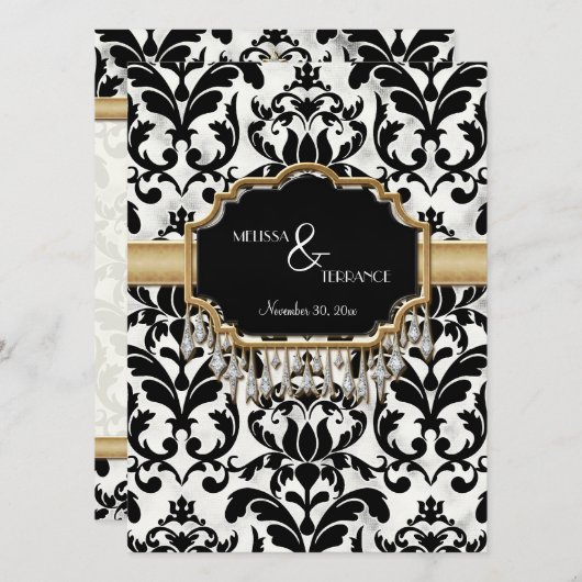 エイジ動揺してドダマスクきらきら光るゴールデン結婚ルズ 招待状 (正面/裏面)