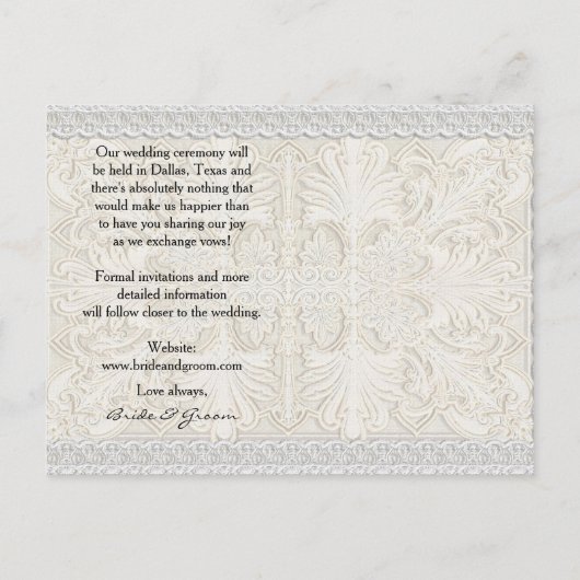 エイジ素朴ドヴィンテージリネンで日付レースを保存 案内ポストカード (裏面)