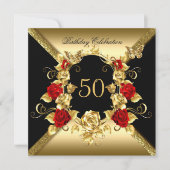 エイジ誕生日エレガント金ゴールドレッドローゼブラック 招待状 (正面)