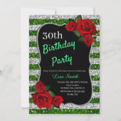 エイジ誕生日グリーンとシルバーグリッターレッドローズ 招待状 (正面)