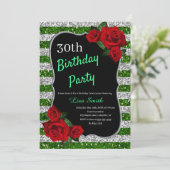 エイジ誕生日グリーンとシルバーグリッターレッドローズ 招待状 (スタンド正面)