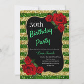 エイジ誕生日グリーンアンド金ゴールドグリッターレッドローゼス 招待状 (正面)