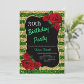 エイジ誕生日グリーンアンド金ゴールドグリッターレッドローゼス 招待状 (スタンド正面)