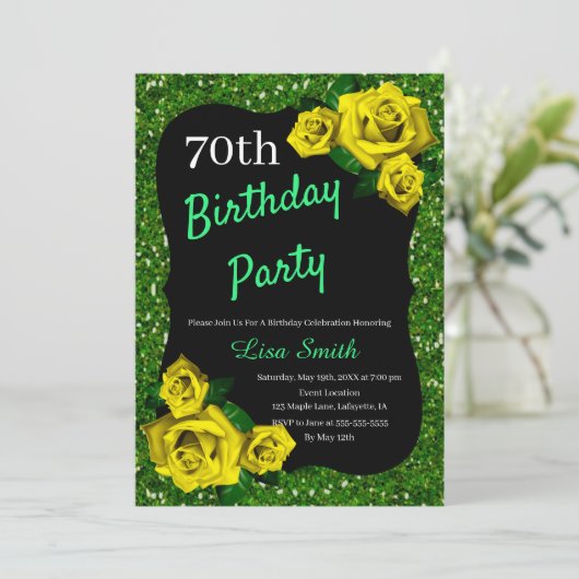 エイジ誕生日グリーングリッターイエローローズ 招待状 (スタンド正面)