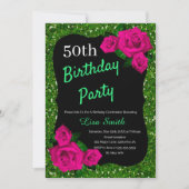 エイジ誕生日グリーングリッターピンクローズ 招待状 (正面)