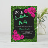 エイジ誕生日グリーングリッターピンクローズ 招待状 (スタンド正面)