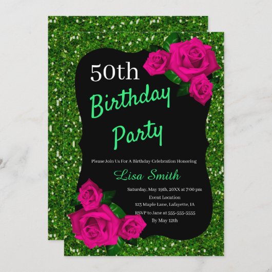 エイジ誕生日グリーングリッターピンクローズ 招待状 (正面/裏面)