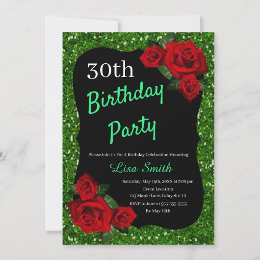 エイジ誕生日グリーングリッターレッドローズ 招待状 (正面)