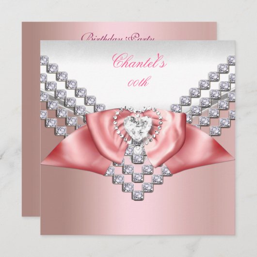 エイジ誕生日コーラルピンク2ボウピーチ 招待状 (正面/裏面)