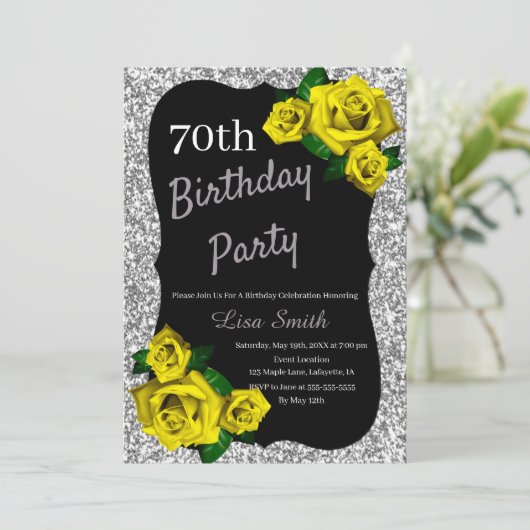 エイジ誕生日シルバーグリッターイエローローズ 招待状 (スタンド正面)