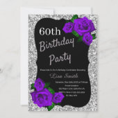 エイジ誕生日シルバーグリッターパープルバラ 招待状 (正面)