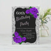 エイジ誕生日シルバーグリッターパープルバラ 招待状 (スタンド正面)