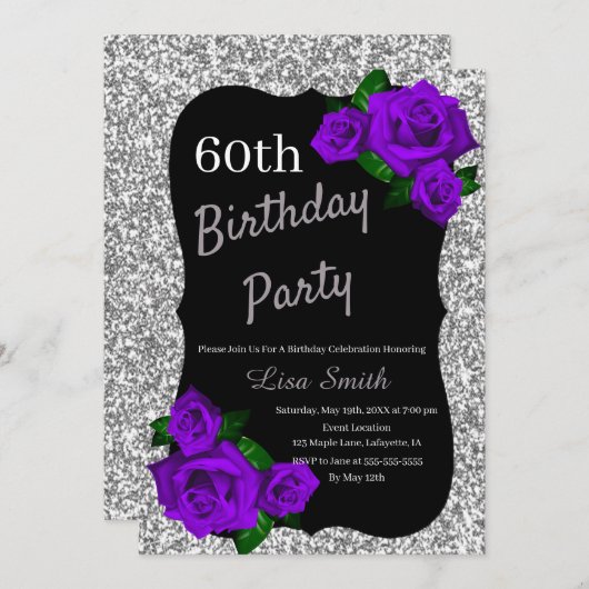 エイジ誕生日シルバーグリッターパープルバラ 招待状 (正面/裏面)