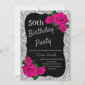 エイジ誕生日シルバーグリッターピンクローズ 招待状 (正面)