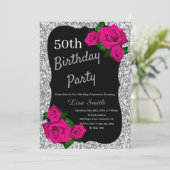 エイジ誕生日シルバーグリッターピンクローズ 招待状 (スタンド正面)