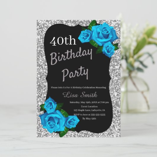 エイジ誕生日シルバーグリッターブルーバラ 招待状 (スタンド正面)