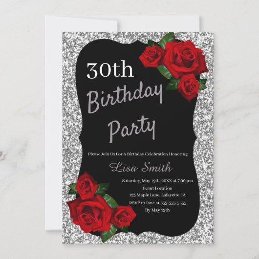 エイジ誕生日シルバーグリッターレッドローズ 招待状 (正面)