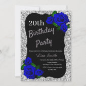 エイジ誕生日シルバーグリッター深いブルーバラ 招待状 (正面)