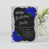 エイジ誕生日シルバーグリッター深いブルーバラ 招待状 (スタンド正面)