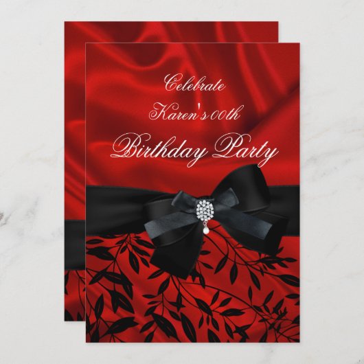 エイジ誕生日パーティーを追加レッドダマスク白黒 招待状 (正面/裏面)