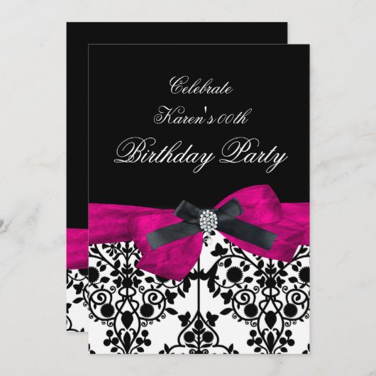 エイジ誕生日パーティーピンクダマスク白黒の追加 招待状 (正面/裏面)