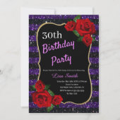 エイジ誕生日パープルとブラックグリッターレッドローズ 招待状 (正面)