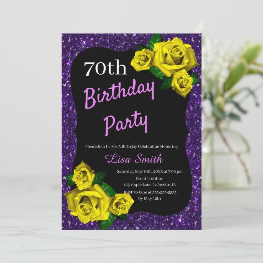 エイジ誕生日パープルグリッターイエローローズ 招待状 (スタンド正面)