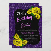 エイジ誕生日パープルグリッターイエローローズ 招待状 (正面/裏面)