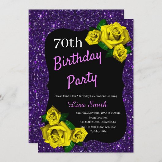 エイジ誕生日パープルグリッターイエローローズ 招待状 (正面/裏面)
