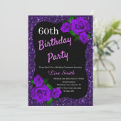 エイジ誕生日パープルグリッターパープルバラ 招待状 (スタンド正面)