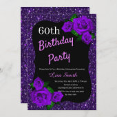 エイジ誕生日パープルグリッターパープルバラ 招待状 (正面/裏面)