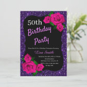 エイジ誕生日パープルグリッターピンクローズ 招待状 (スタンド正面)