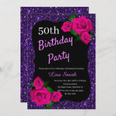 エイジ誕生日パープルグリッターピンクローズ 招待状 (正面/裏面)